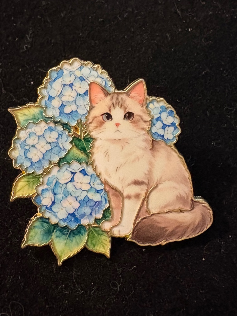 Tabby Cat Brooch Pin Blue Hydrangea Floral Enamel Jewelry